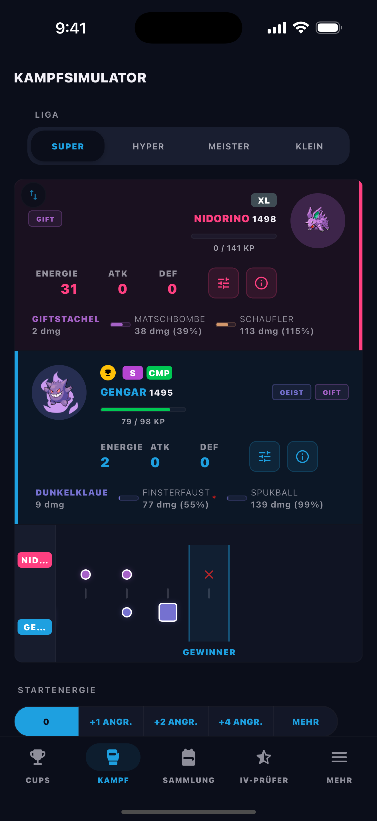 BattleFlow battle simulator showing a turn-by-turn Pokémon GO PvP matchup result