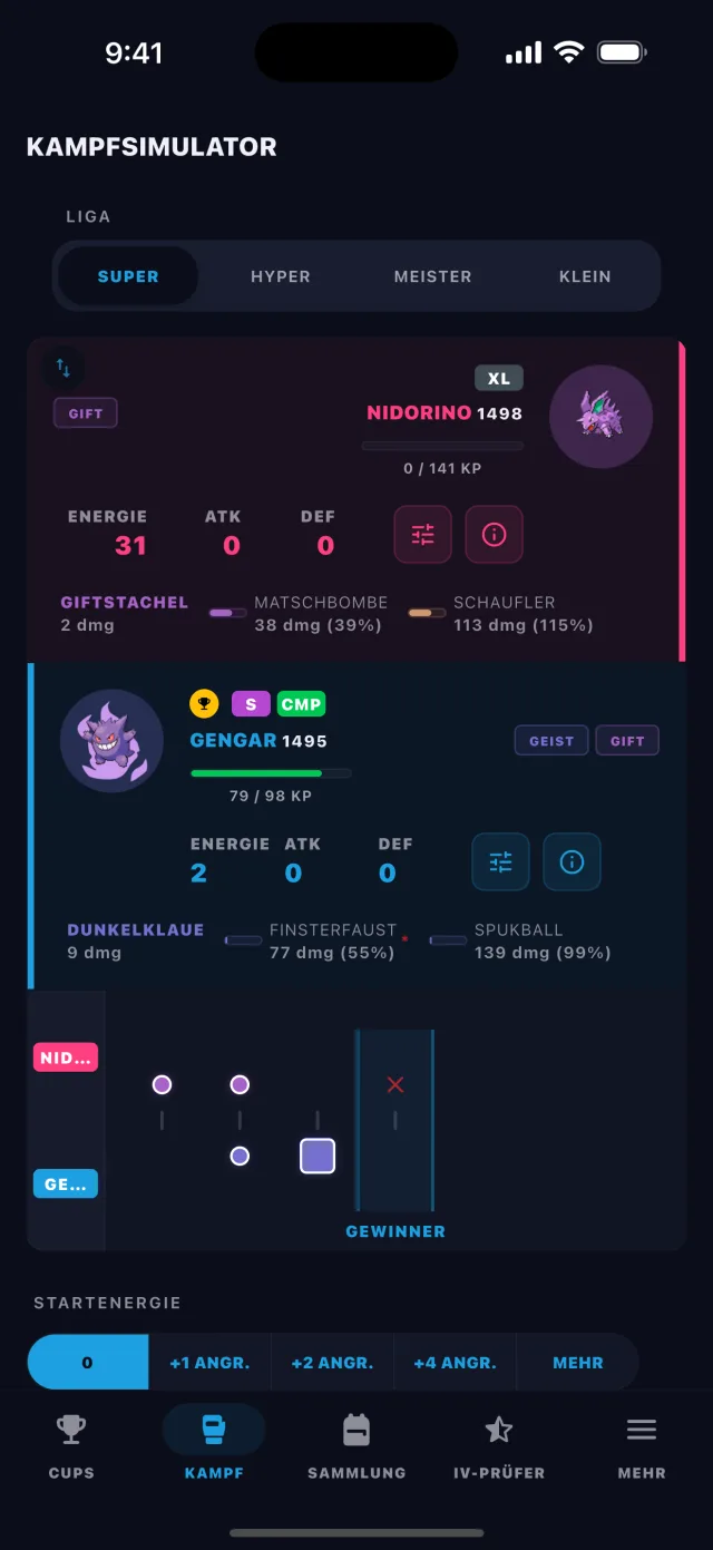 BattleFlow battle simulator showing a turn-by-turn Pokémon GO PvP matchup result