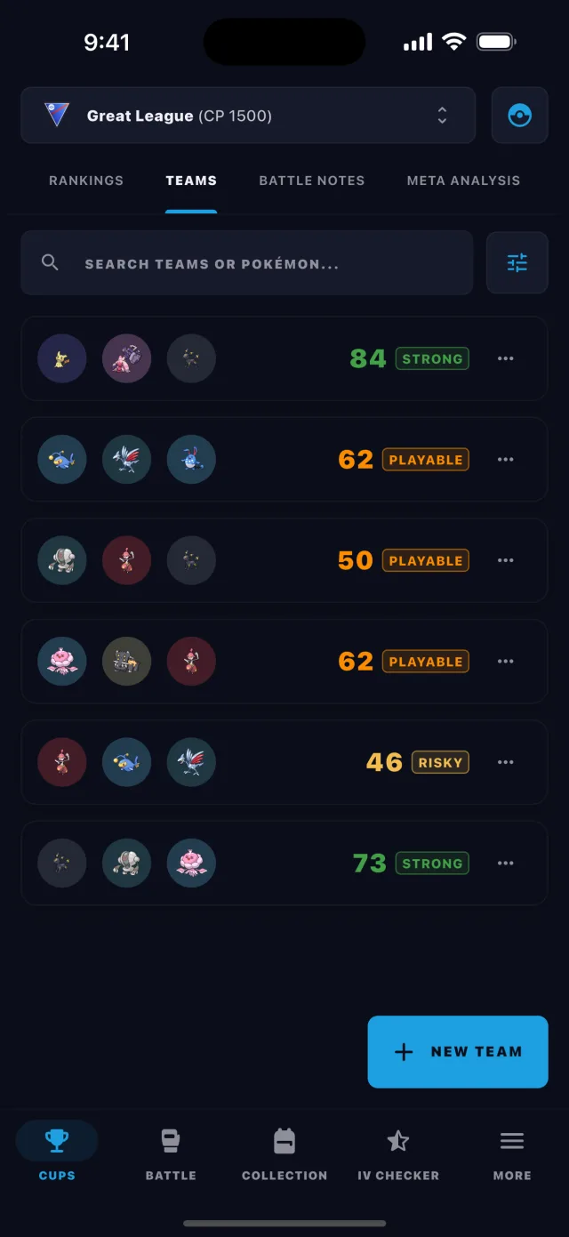 BattleFlow team score details rating a Pokémon GO PvP team on threat control, coverage, recovery, and consistency