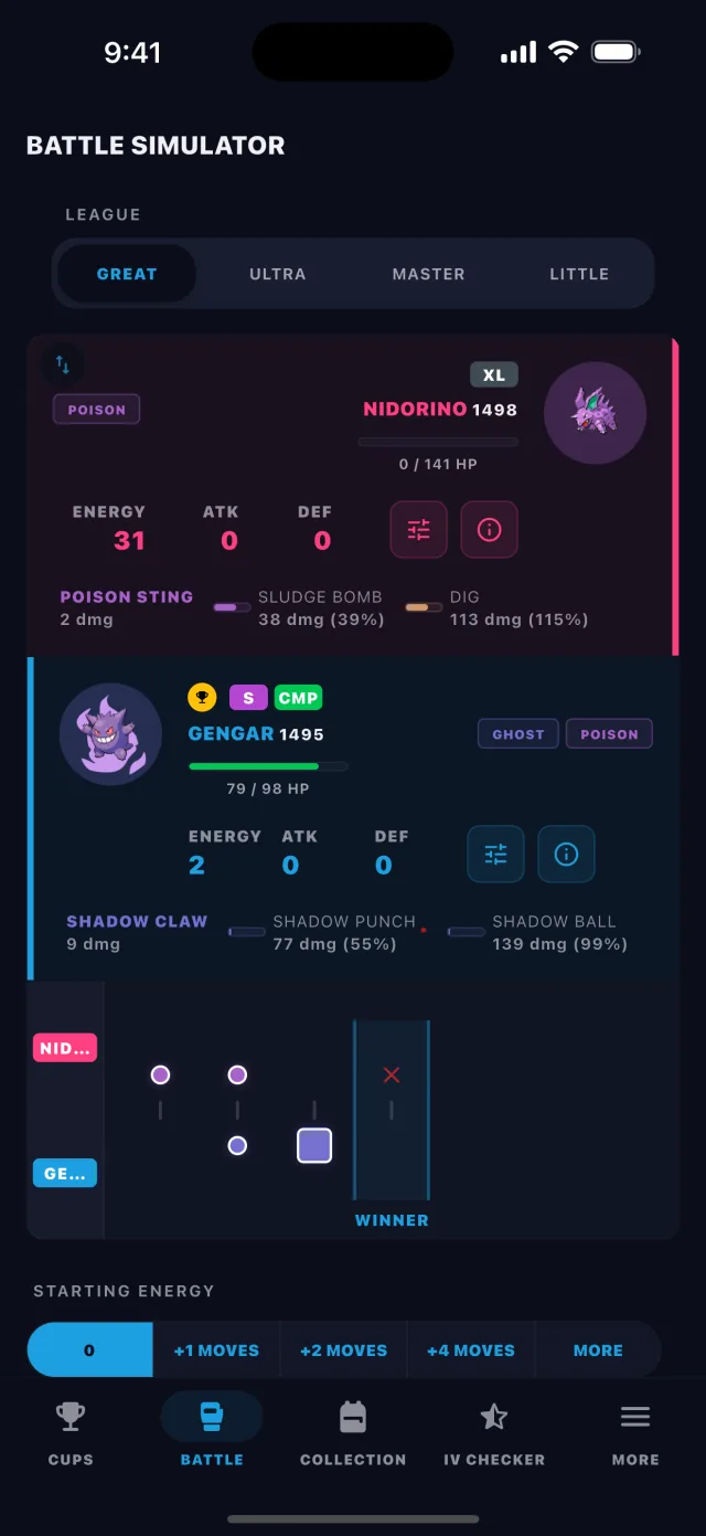 BattleFlow battle simulator showing a turn-by-turn Pokémon GO PvP matchup result