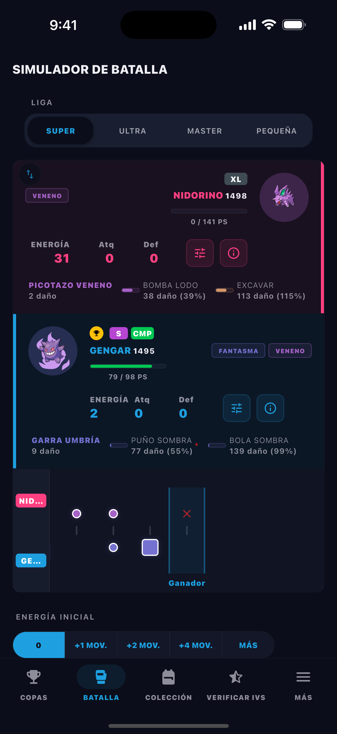 BattleFlow battle simulator showing a turn-by-turn Pokémon GO PvP matchup result