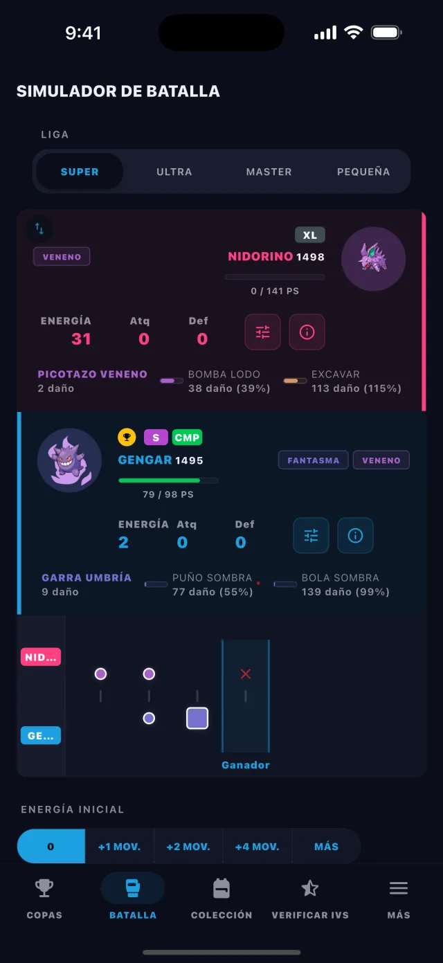 BattleFlow battle simulator showing a turn-by-turn Pokémon GO PvP matchup result