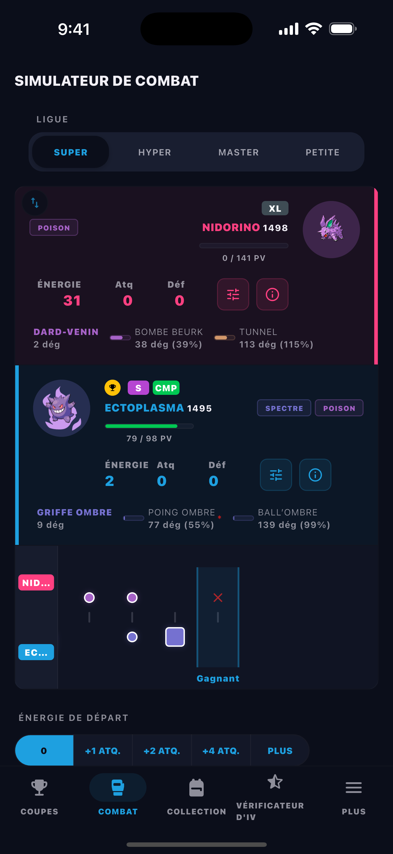 BattleFlow battle simulator showing a turn-by-turn Pokémon GO PvP matchup result