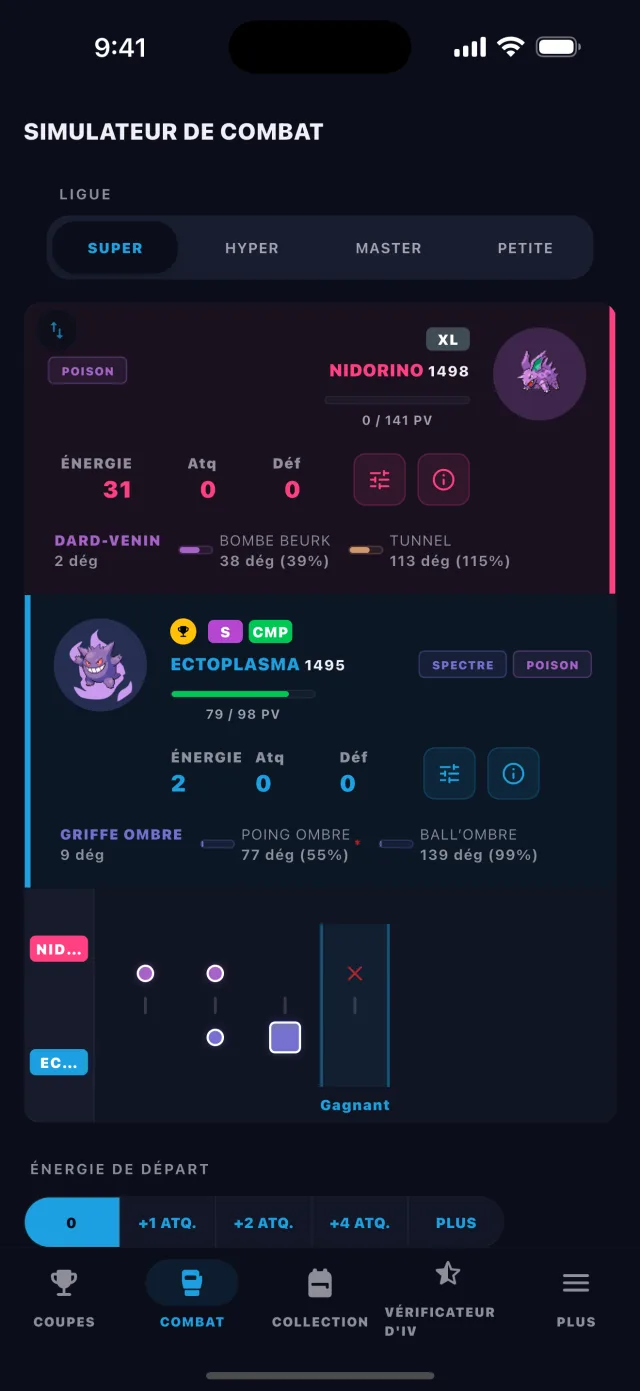 BattleFlow battle simulator showing a turn-by-turn Pokémon GO PvP matchup result