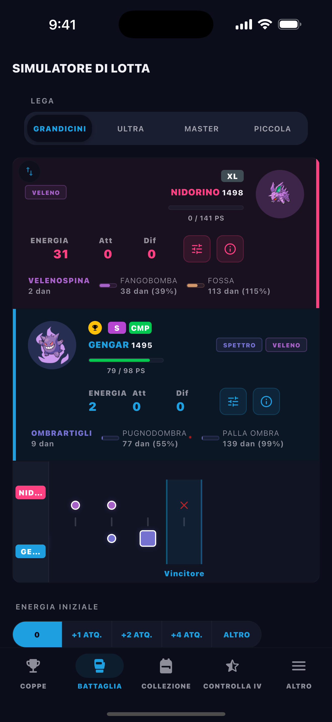 BattleFlow battle simulator showing a turn-by-turn Pokémon GO PvP matchup result