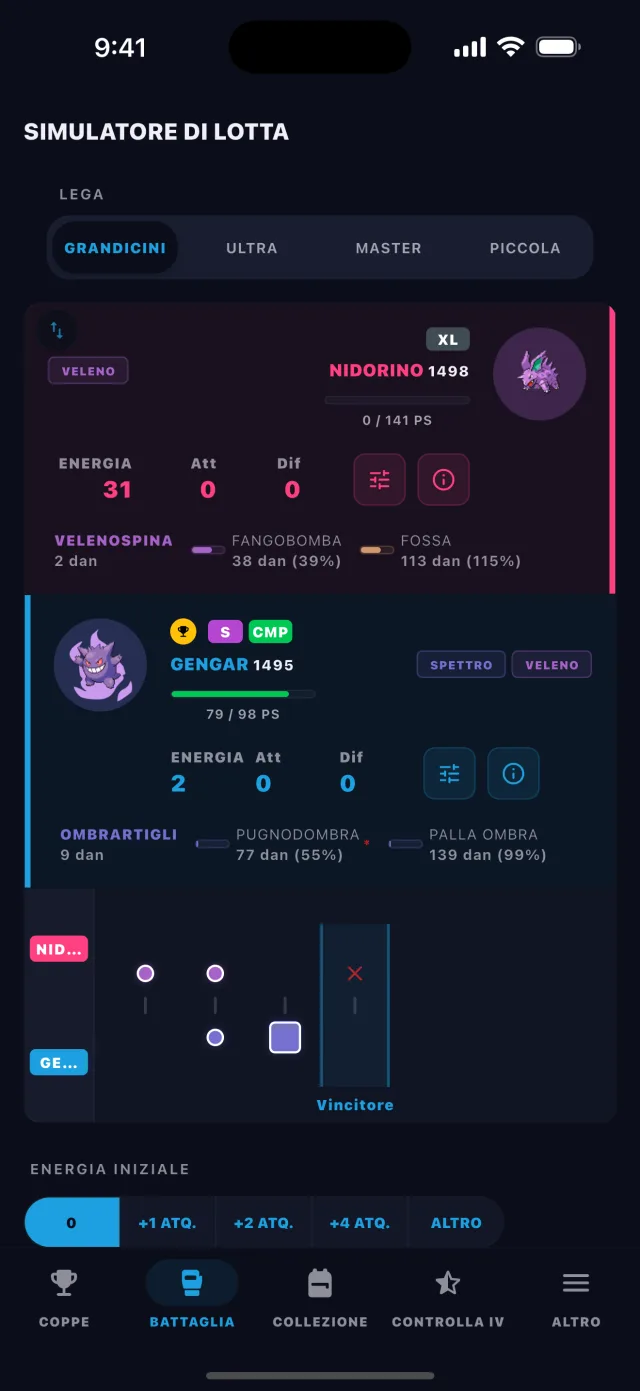 BattleFlow battle simulator showing a turn-by-turn Pokémon GO PvP matchup result