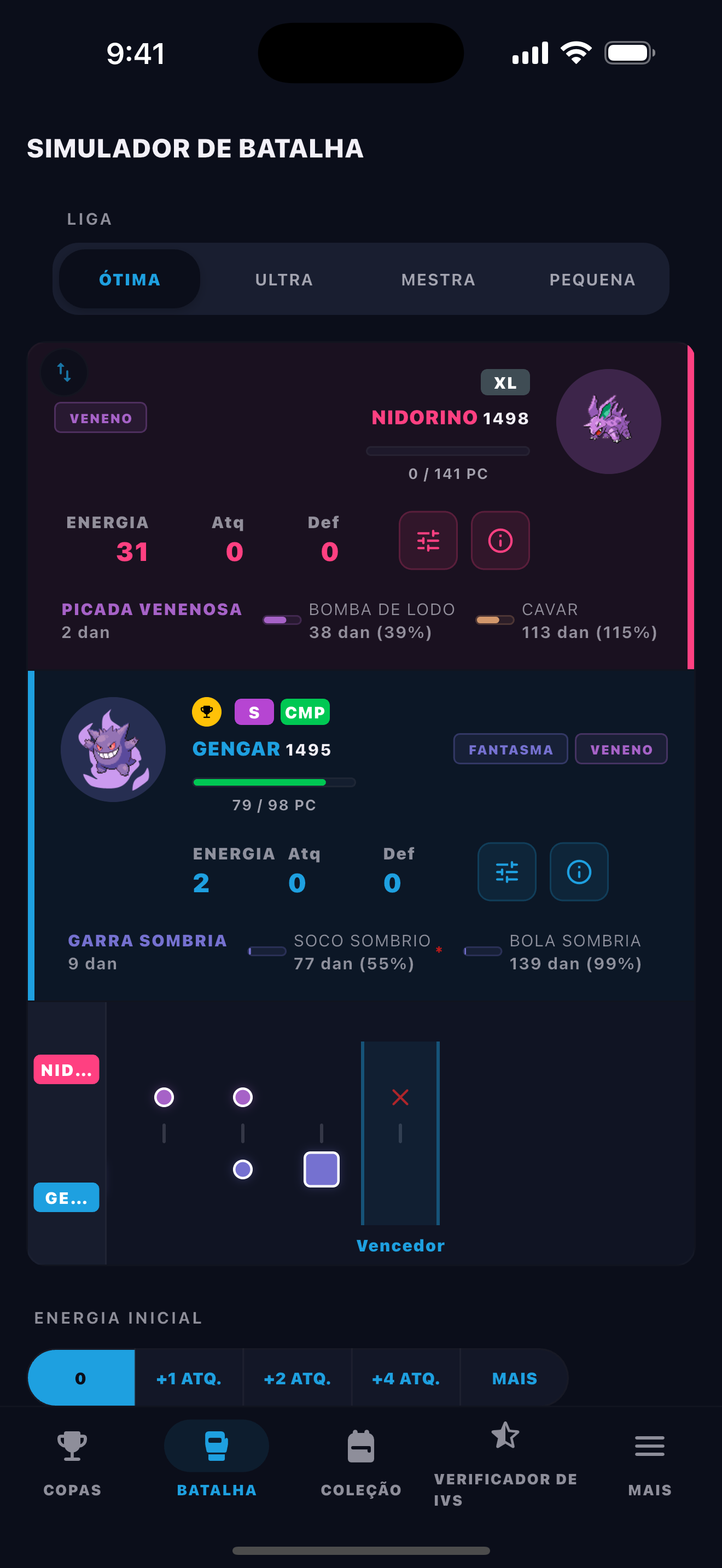 BattleFlow battle simulator showing a turn-by-turn Pokémon GO PvP matchup result
