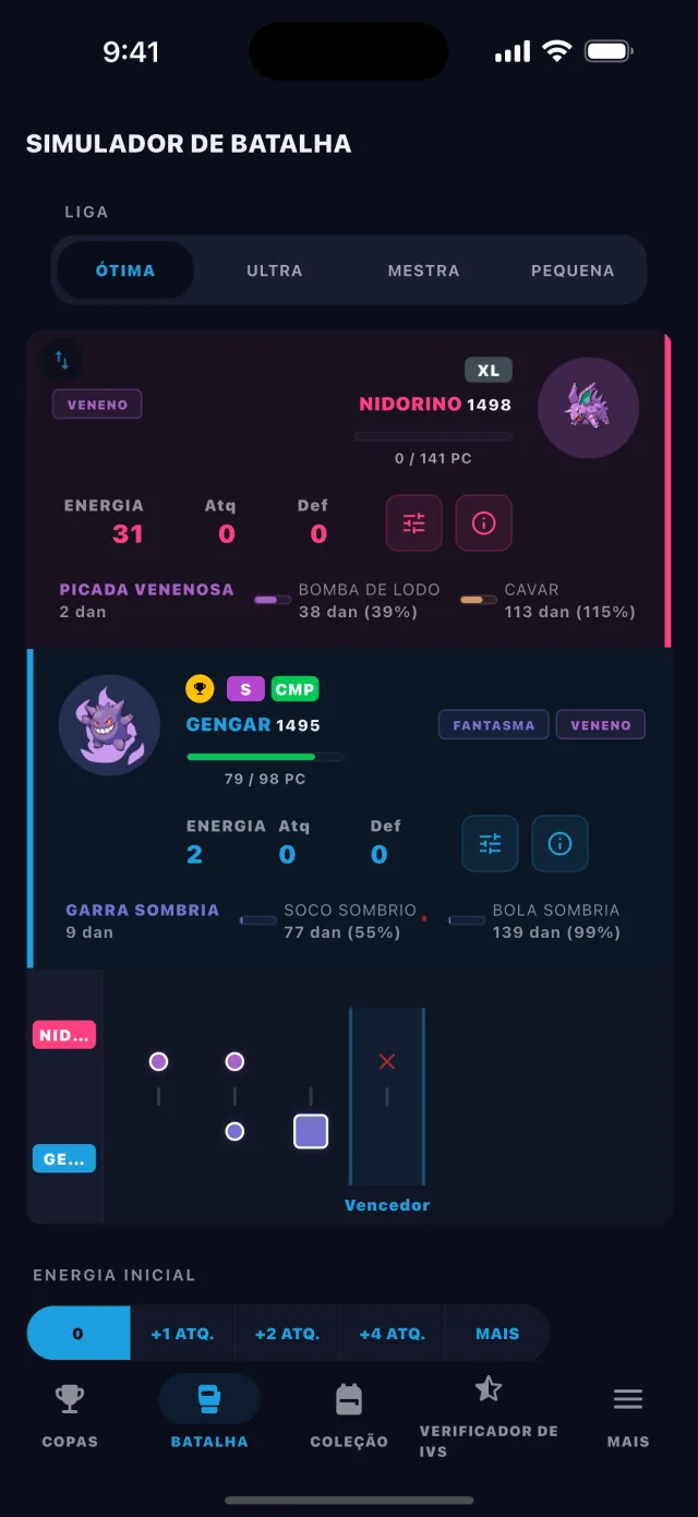BattleFlow battle simulator showing a turn-by-turn Pokémon GO PvP matchup result